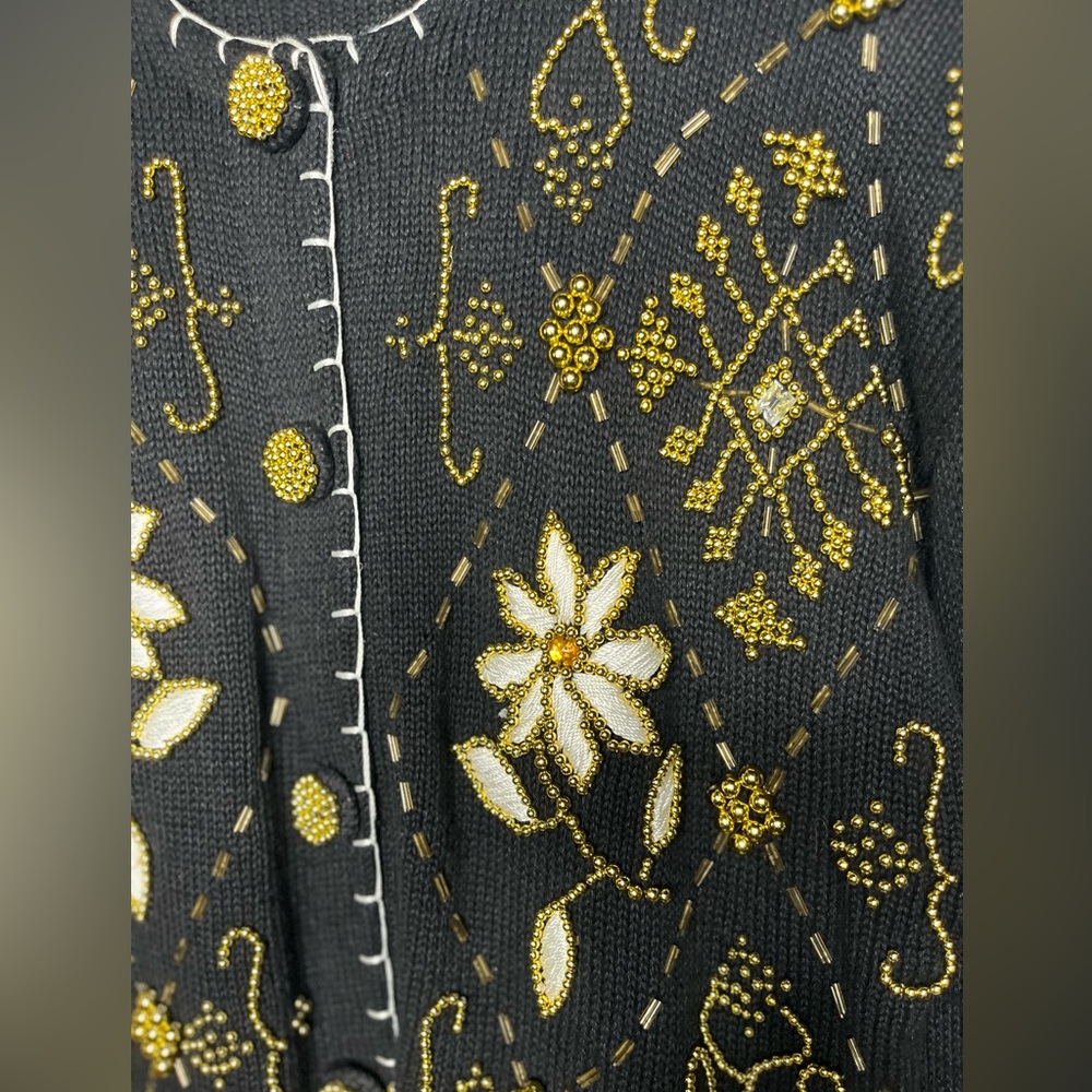 Vintage Victoria Harbour Cardigan Knit Beaded Sweater Black Gold Y2K L - Picture 8 of 13